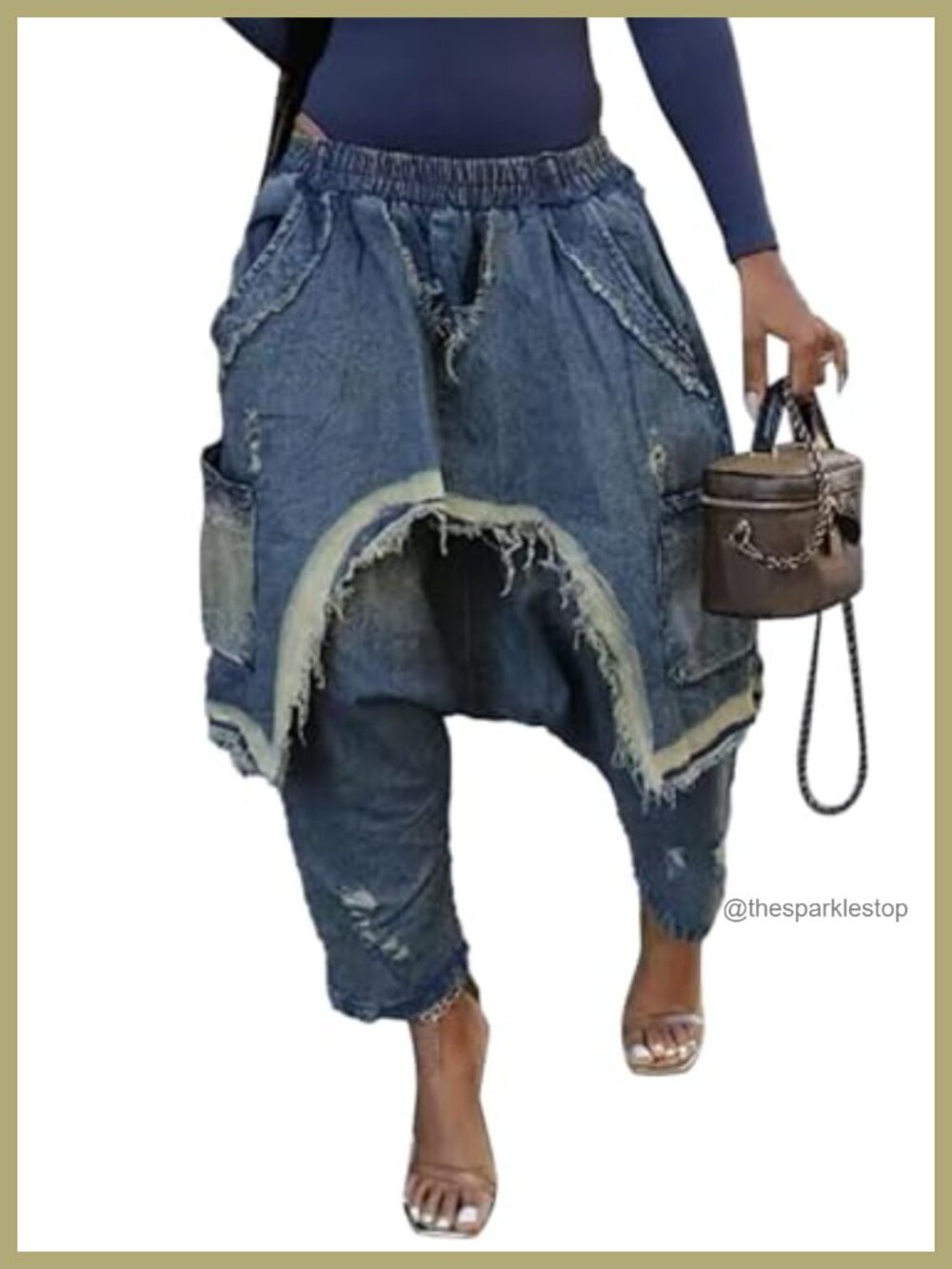Womens Baggy Harem Jeans Elastic Waist Wide Leg Cropped Denim Jogger Pants